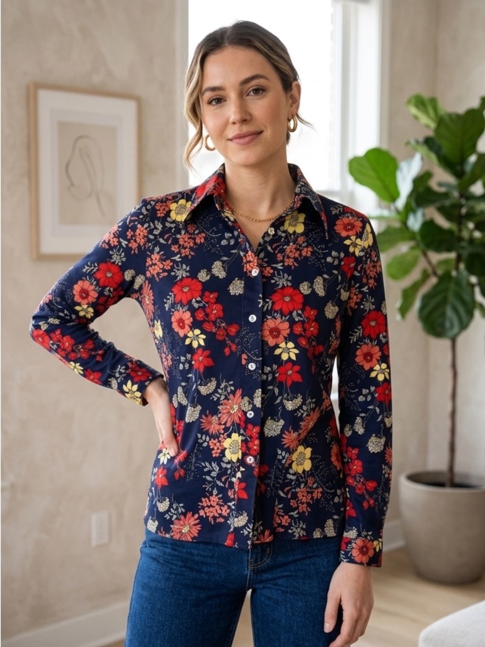 True Vintage Eccobay Navy Floral Button-Up Shirt - Made in USA - S